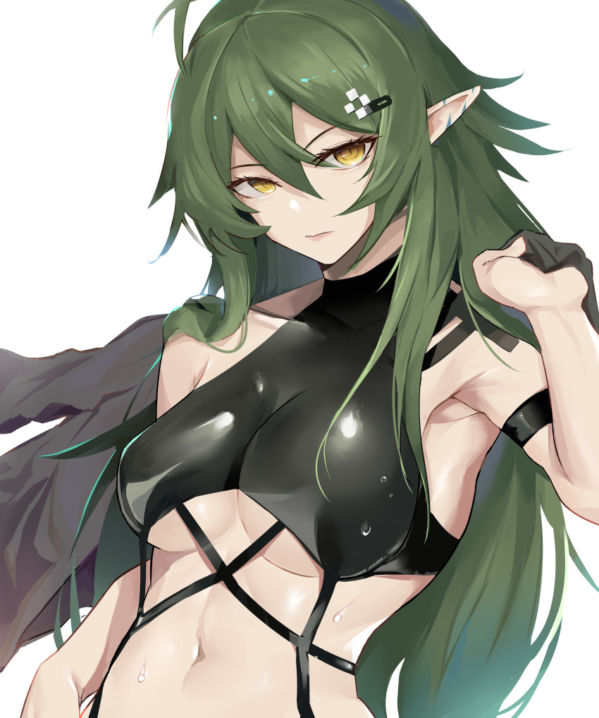 1girl absurdres antenna_hair arknights arm_strap bangs bare_shoulders bikini black_bikini black_choker breasts choker closed_mouth commentary gavial_(arknights) green_hair hair_between_eyes highres holding holding_clothes holding_shirt lips long_hair looking_at_viewer medium_breasts navel pointy_ears shirt shirt_removed simple_background sirius_enjoliao slit_pupils solo stomach swimsuit upper_body white_background yellow_eyes