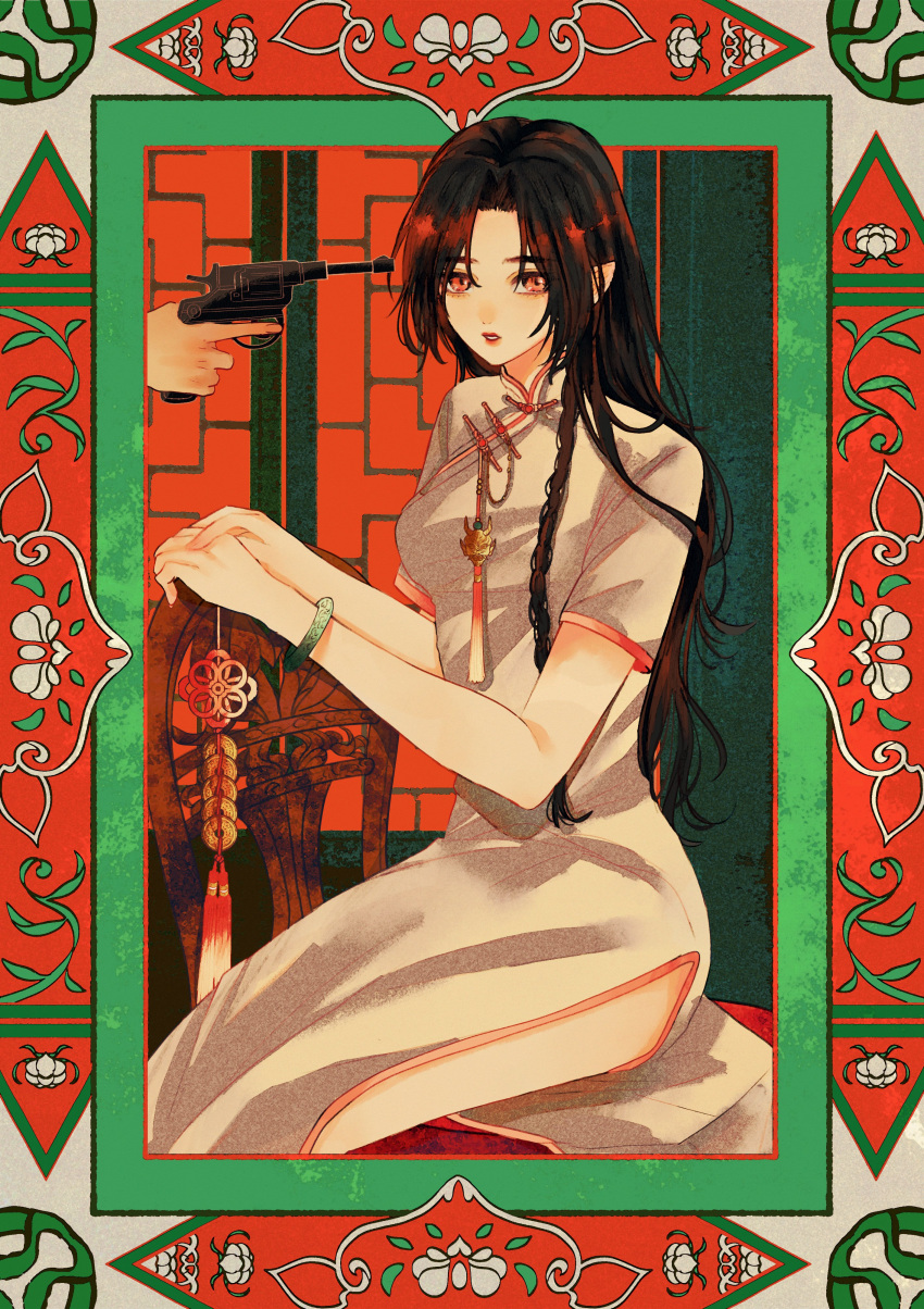 1girl absurdres amber_eyes bangs black_hair bracelet china_dress chinese_clothes dim-moon dress framed gun highres holding holding_gun holding_weapon jewelry long_hair looking_at_viewer orange_eyes parted_bangs pearl_bracelet red_lips short_sleeves sitting solo tassel wariza weapon