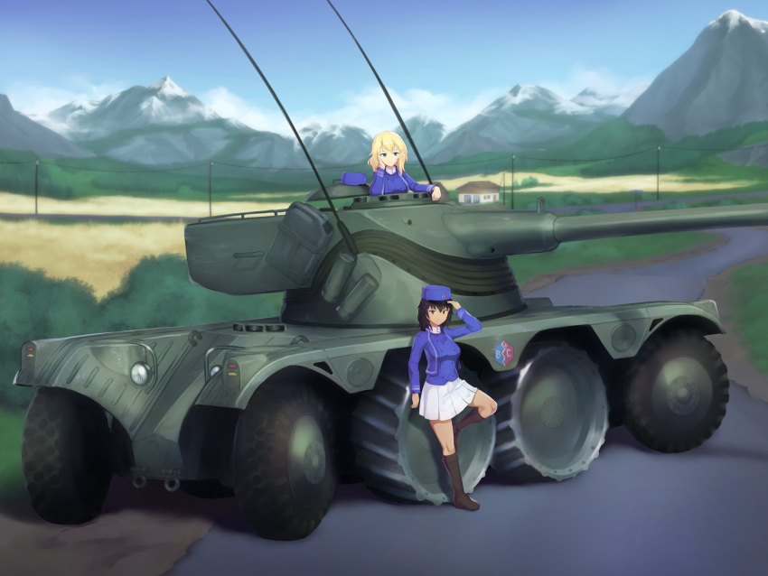 2girls absurdres adjusting_clothes adjusting_headwear andou_(girls_und_panzer) bangs bc_freedom_(emblem) bc_freedom_military_uniform black_eyes black_footwear black_hair blonde_hair blue_eyes blue_headwear blue_jacket blue_sky blue_vest blurry blurry_background boots brown_eyes clouds cloudy_sky commentary dark-skinned_female dark_skin day depth_of_field dress_shirt ebr_75 emblem english_commentary foot_up girls_und_panzer ground_vehicle hat hat_removed head_rest headwear_removed high_collar highres jacket kepi knee_boots light_frown light_smile long_sleeves looking_at_viewer medium_hair messy_hair military military_hat military_uniform military_vehicle miniskirt motor_vehicle mountain multiple_girls oshida_(girls_und_panzer) outdoors pleated_skirt power_lines road scenery shadow shirt skirt sky standing uniform vest warmcummies white_shirt white_skirt