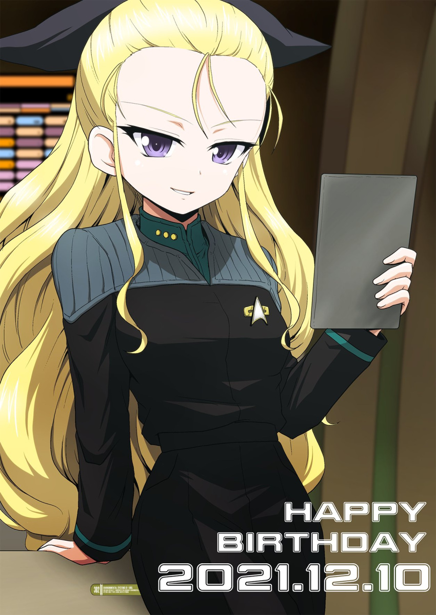 1girl assam_(girls_und_panzer) birthday black_jumpsuit black_ribbon blonde_hair blue_eyes commentary_request commission cosplay crossover english_text girls_und_panzer hair_pulled_back hair_ribbon happy_birthday highres holding indoors jumpsuit kamishima_kanon lcars long_hair long_sleeves looking_at_viewer parted_lips ribbon skeb_commission smile solo standing star_trek starfleet_uniform uniform