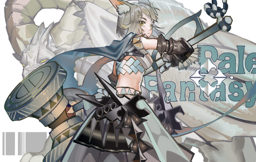 1girl animal_ear_fluff animal_ears armor black_cape cape cat_ears closed_mouth commentary cowboy_shot dragon english_text eyebrows_visible_through_hair gauntlets green_eyes grey_hair grey_skirt hair_ornament highres holding holding_weapon midriff noco_(pixiv14976070) original short_hair shoulder_armor simple_background skirt solo torn_cape torn_clothes war_hammer weapon white_background x_hair_ornament