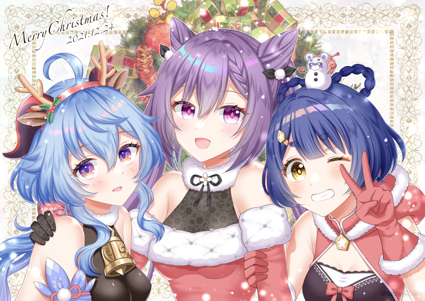 3girls :d absurdres animal_ears antlers arm_grab bangs bell black_bow black_gloves black_ribbon blue_hair bodysuit bow braid breasts center_opening christmas_tree dated detached_hood dress elbow_gloves eyebrows_visible_through_hair fake_animal_ears fishnets fur-trimmed_collar fur-trimmed_dress fur-trimmed_gloves fur-trimmed_hood fur-trimmed_sleeves fur_trim ganyu_(genshin_impact) genshin_impact gloves hair_between_eyes hair_bow hair_cones hair_ornament hair_rings hand_on_another's_shoulder highres hood hoodie horns keqing_(genshin_impact) large_breasts light_blue_hair long_hair looking_at_viewer medium_breasts multiple_girls neck_bell one_eye_closed purple_hair red_dress red_gloves red_hoodie reindeer_antlers ribbon santa_costume short_hair single_braid smile star_(symbol) tateko25wiz thick_eyebrows twintails upper_body v violet_eyes xiangling_(genshin_impact) yellow_eyes