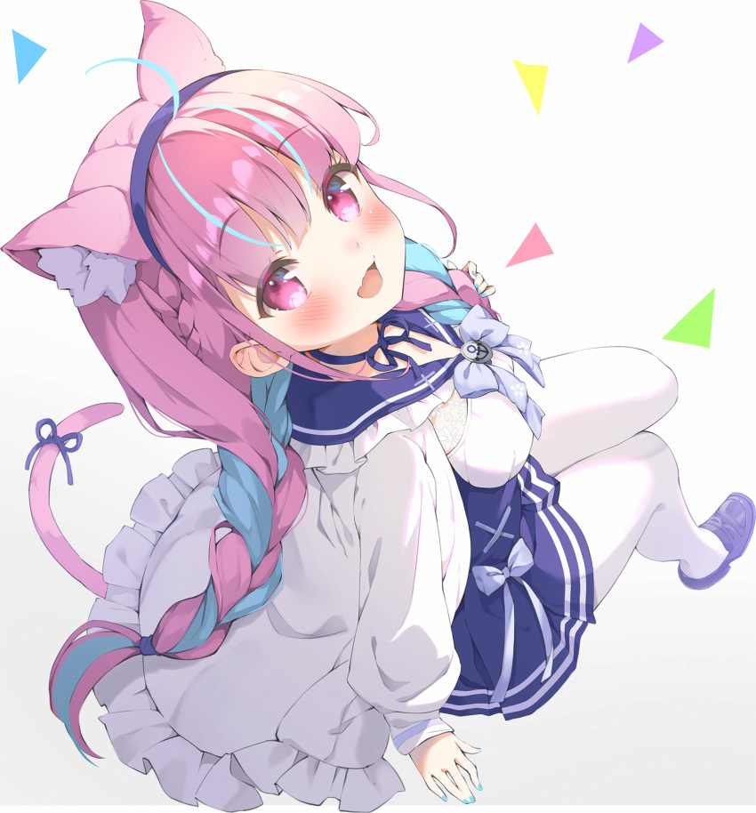 1girl :d anchor_symbol animal_ear_fluff animal_ears black_footwear blue_bow blue_hair blue_hairband blue_nails blue_ribbon blue_sailor_collar blue_skirt blush bow braid breasts cat_ears cat_girl cat_tail commentary_request frilled_sailor_collar frills from_above from_behind full_body gradient gradient_background grey_background hairband highres hololive jacket loafers long_hair long_sleeves looking_at_viewer looking_back looking_up low_twintails medium_breasts minato_aqua multicolored_hair nail_polish open_clothes open_jacket pantyhose pilokey pink_hair puffy_long_sleeves puffy_sleeves ribbon sailor_collar shirt shoes sitting skirt sleeves_past_wrists smile solo streaked_hair tail tail_ornament tail_ribbon twin_braids twintails two-tone_hair very_long_hair violet_eyes virtual_youtuber white_background white_jacket white_legwear white_shirt