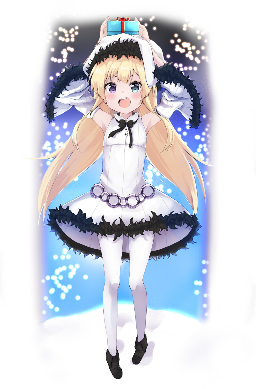 1girl :d amano_kouki armpits arms_up black_bow black_footwear blonde_hair blue_eyes boots bow box commentary_request detached_sleeves dress full_body fur-trimmed_dress fur-trimmed_headwear fur-trimmed_sleeves fur_trim gift gift_box heterochromia highres long_hair long_sleeves original pantyhose sleeveless sleeveless_dress smile solo standing teeth upper_teeth very_long_hair violet_eyes white_dress white_headwear white_legwear white_sleeves wide_sleeves