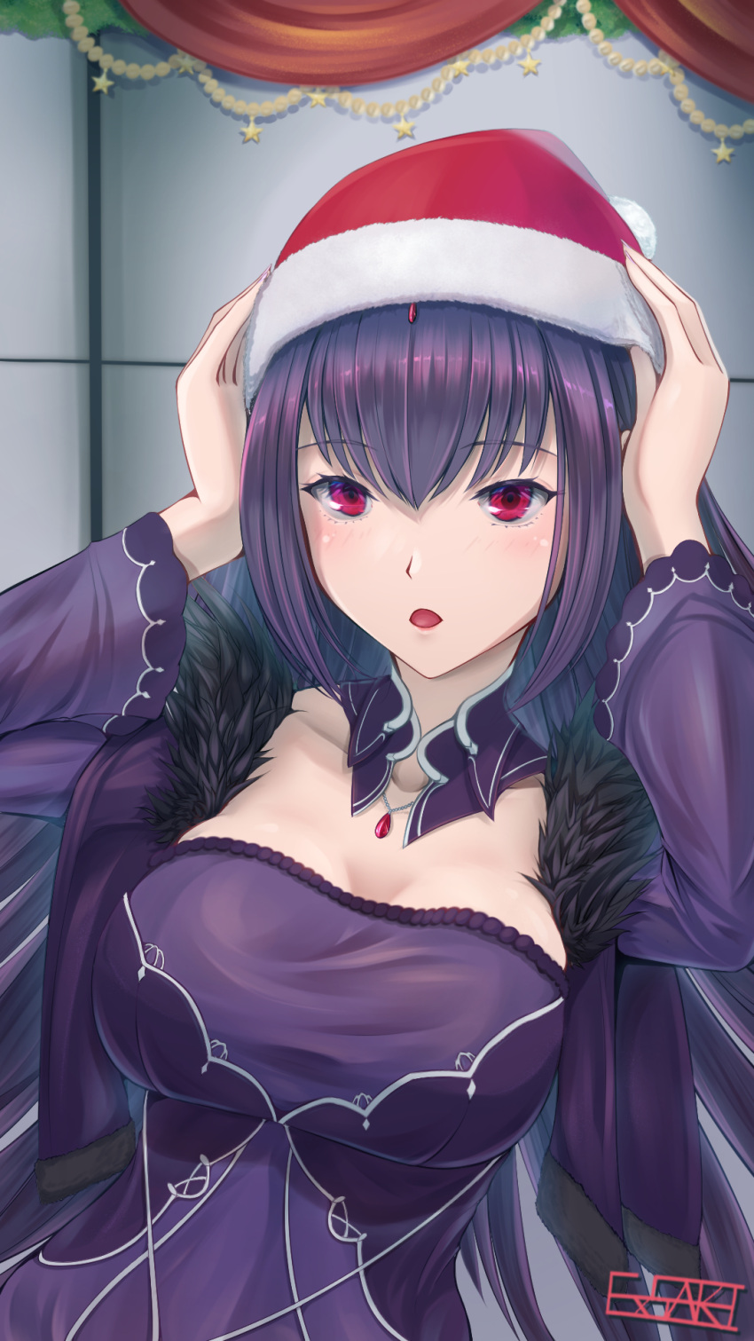 1girl absurdres breasts christmas crossed_arms dress ex_saki fate/grand_order fate_(series) fur_trim highres jewelry large_breasts long_hair pendant purple_hair red_eyes santa_hat scathach_(fate)_(all) scathach_skadi_(fate/grand_order) smile tiara wand