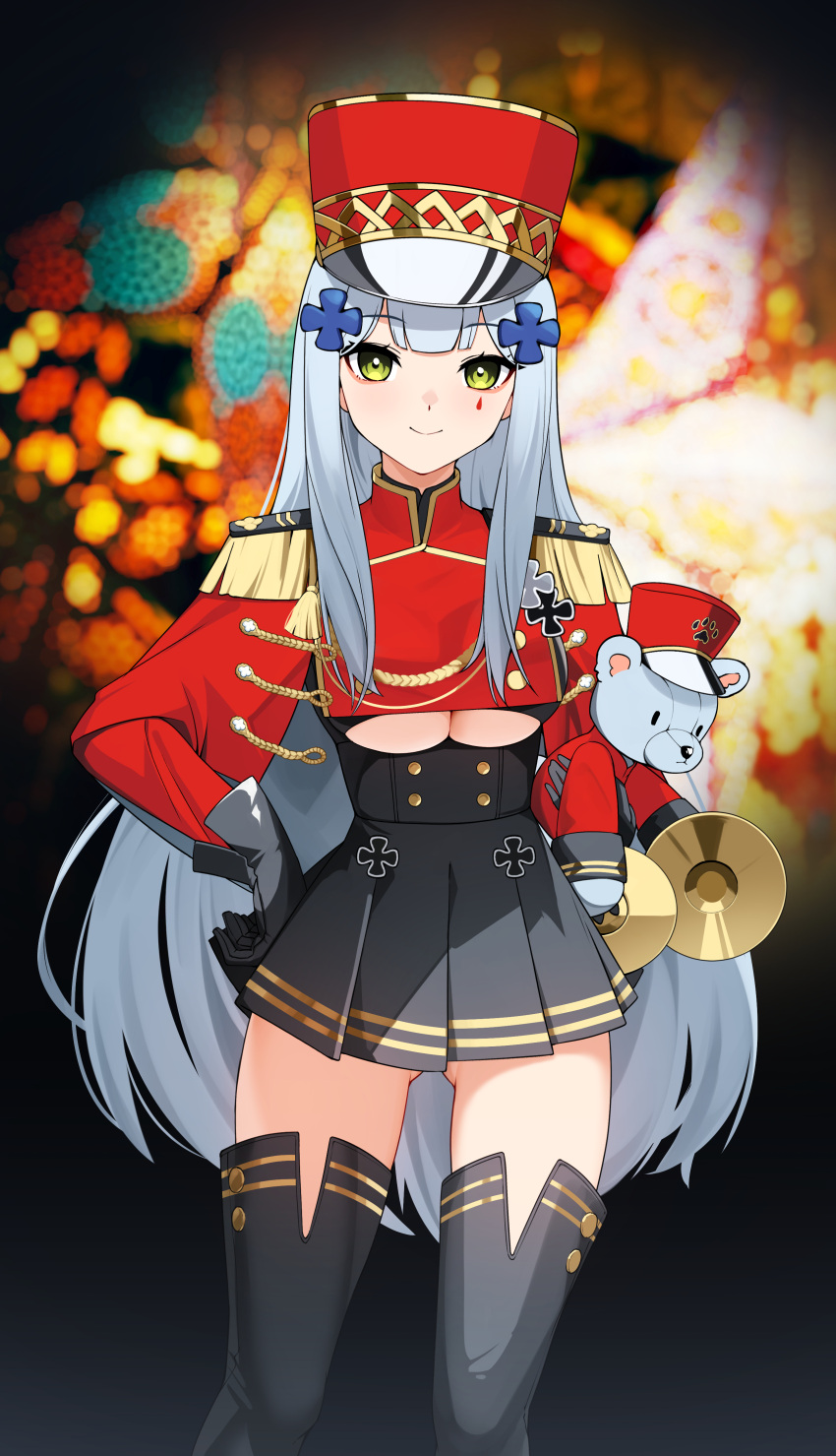 1girl absurdres ass_visible_through_thighs black_gloves black_legwear black_skirt blurry bokeh breasts clothing_cutout commission crop_top depth_of_field epaulettes ett facial_mark girls_frontline gloves green_eyes hair_ornament hand_on_hip hat highres hk416_(girls'_frontline) hk416_(percussive_bolero)_(girls'_frontline) large_breasts long_hair long_sleeves looking_at_viewer miniskirt official_alternate_costume pixiv_request pleated_skirt red_headwear red_shirt shirt skirt smile solo standing thigh-highs thighs under_boob underboob_cutout very_long_hair white_hair zettai_ryouiki