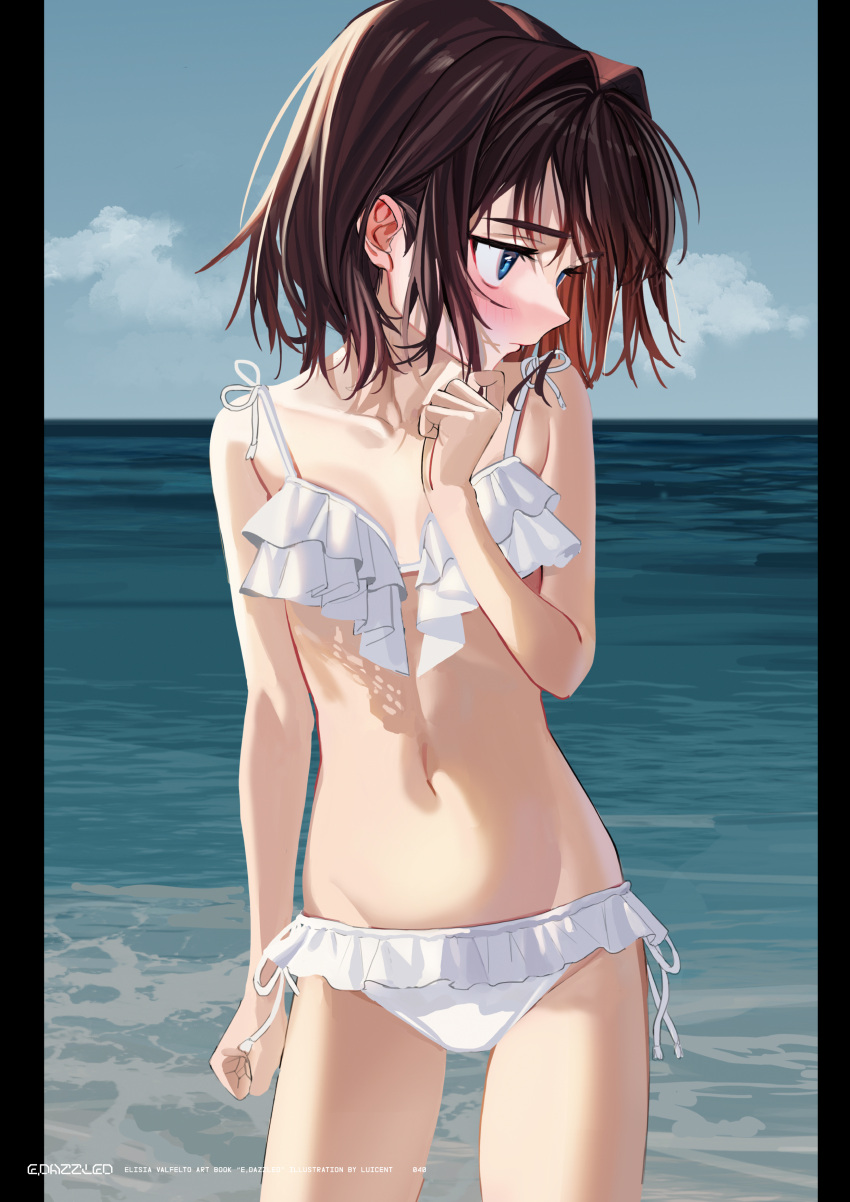 1girl absurdres arm_at_side bikini blue_eyes blue_sky blush breasts brown_eyes clouds collarbone contrapposto elisia_valfelto groin hair_intakes highres horizon looking_to_the_side luicent navel nose_blush ocean original pillarboxed short_hair side-tie_bikini sky small_breasts solo swimsuit swimsuit_skirt white_bikini