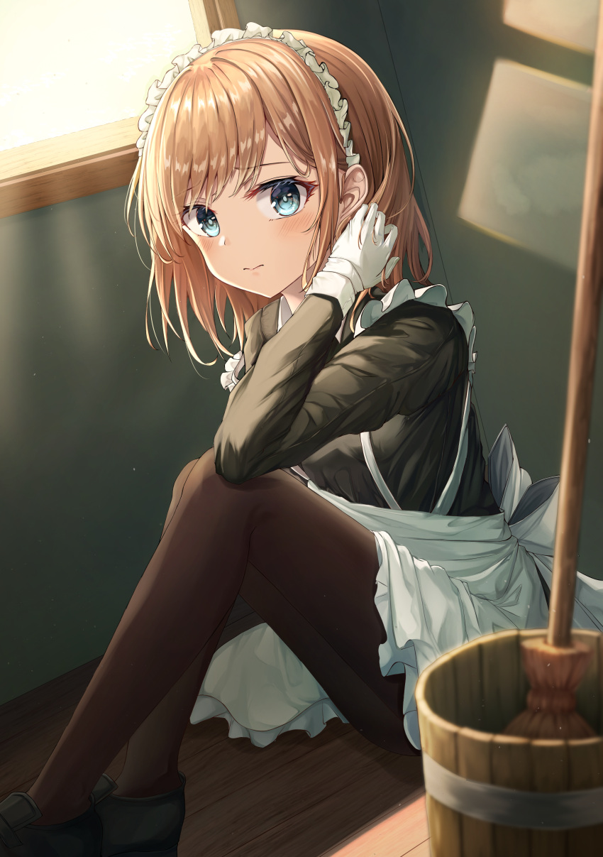 1girl absurdres bangs blonde_hair blue_eyes blush copyright_request gloves highres indoors looking_at_viewer maid medium_hair mop pantyhose playing_with_own_hair shoes sitting solo sunlight window zeroillya