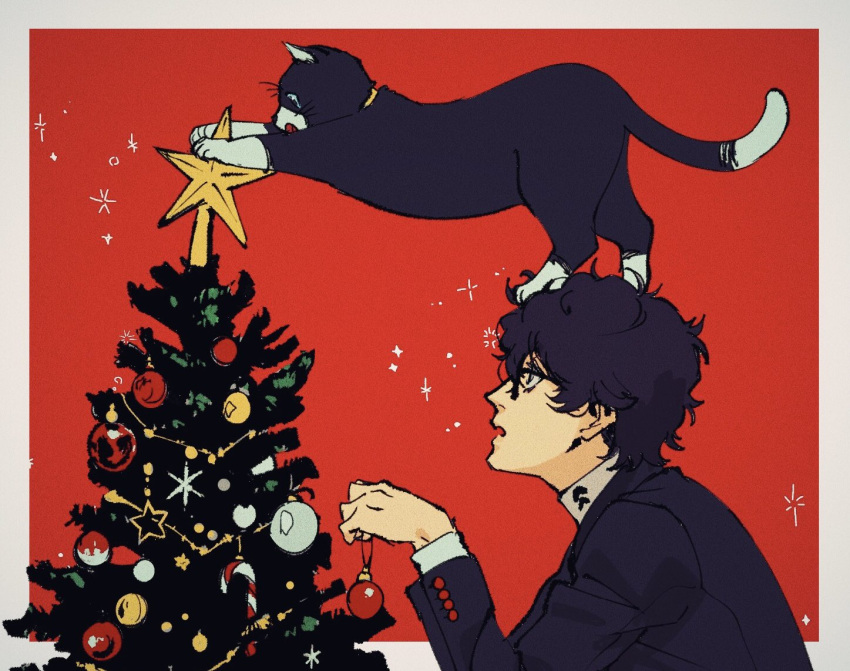 2boys amamiya_ren animal_on_head black_cat black_hair black_jacket blue_eyes border cat cat_on_head christmas christmas_garland christmas_ornaments christmas_tree commentary decorating jacket looking_up morgana_(persona_5) multiple_boys on_head persona persona_5 profile sageo_yn short_hair shuujin_academy_uniform sparkle star_(symbol) symbol-only_commentary upper_body