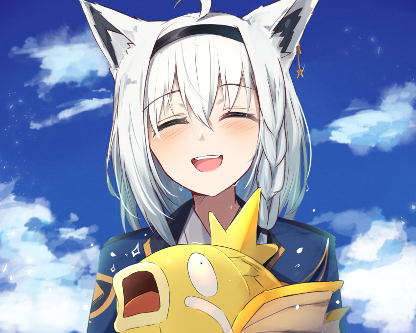 1girl :o alternate_color animal_ears bangs blue_coat blue_sky blush closed_eyes clouds coat cowlick crossover earrings eyebrows_visible_through_hair fins fish fox_ears hair_between_eyes hairband hololive jewelry magikarp open_mouth pokemon pokemon_(creature) shiny_pokemon shirakami_fubuki shuuzo3 single_earring sky smile star_(symbol) star_earrings virtual_youtuber whiskers