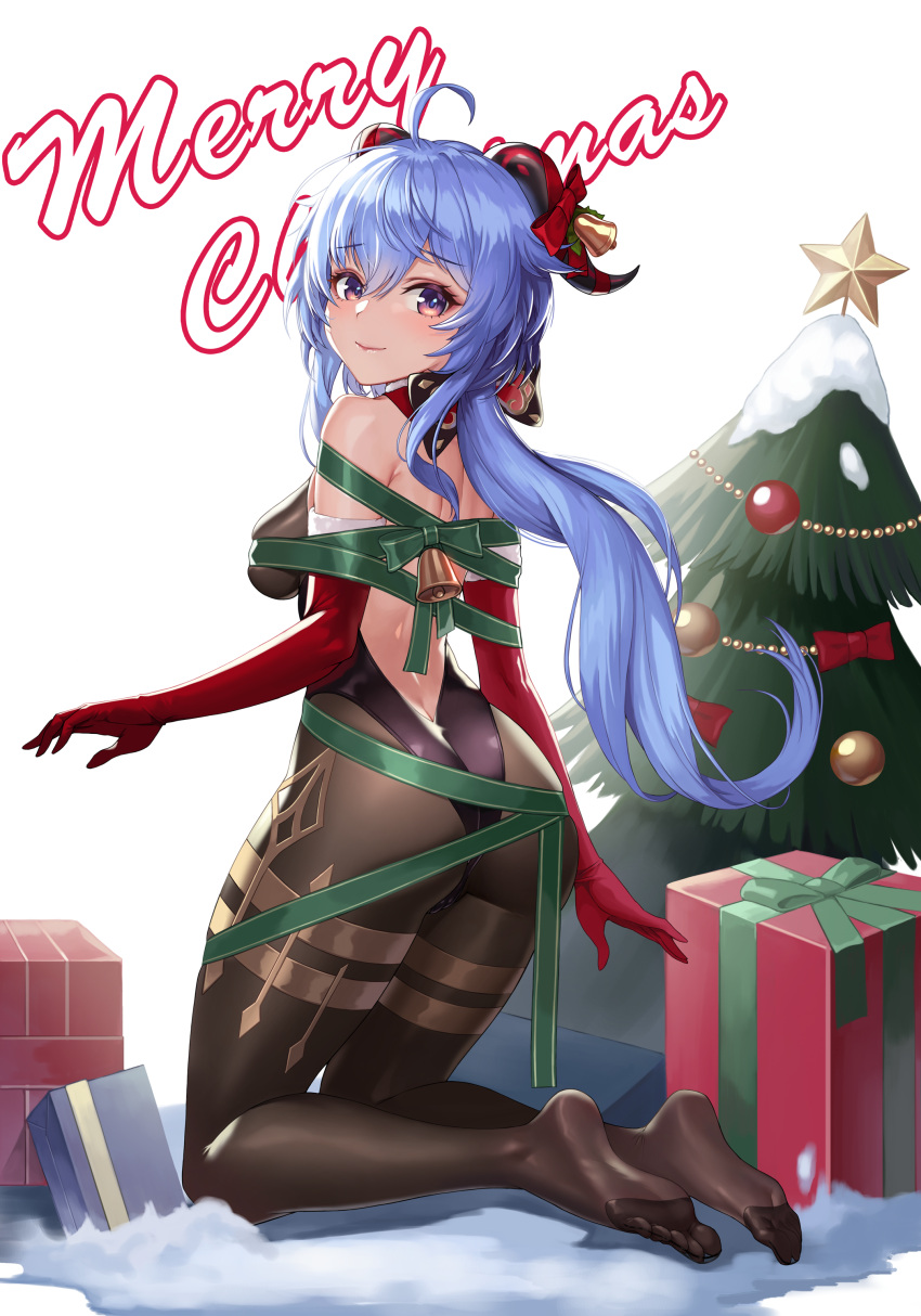 1girl absurdres ahoge ass back backless_outfit bangs bell black_legwear blue_hair blush bodystocking bodysuit bound bow breasts christmas christmas_ornaments christmas_tree curled_horns elbow_gloves eyebrows_visible_through_hair feet from_behind ganyu_(genshin_impact) genshin_impact gift gloves gold_trim hair_ornament highres horns karmiel kneeling leotard leotard_under_clothes long_hair looking_at_viewer low_ponytail medium_breasts merry_christmas multicolored_eyes red_gloves ribbon ribbon_bondage sidelocks smile soles solo thighlet violet_eyes