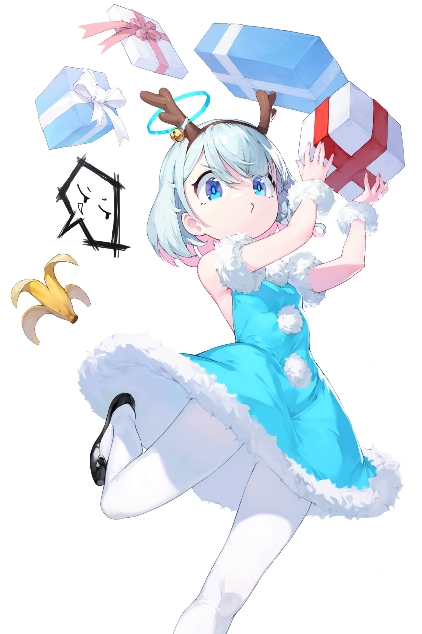 1girl absurdres antlers arona_(blue_archive) banana_peel bare_shoulders blue_archive blue_eyes blue_hair box christmas commentary_request dress full_body fur_trim gasekun gift gift_box halo highres holding holding_gift leg_up looking_at_viewer pantyhose reindeer_antlers santa_costume shoes short_hair sleeveless solo white_legwear