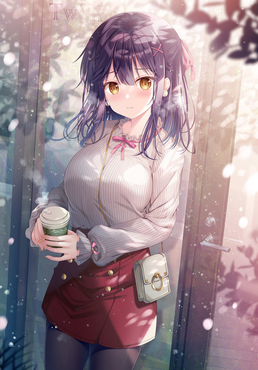 1girl bag bangs between_breasts black_hair black_legwear blush breasts brown_eyes closed_mouth coffee_cup commentary_request cup disposable_cup eyebrows_visible_through_hair hair_between_eyes hair_ornament hairclip highres holding holding_cup long_hair looking_at_viewer medium_breasts nanami_yuuno pantyhose red_skirt shirt shoulder_bag skirt solo sousouman strap_between_breasts twinbox_school white_shirt x_hair_ornament