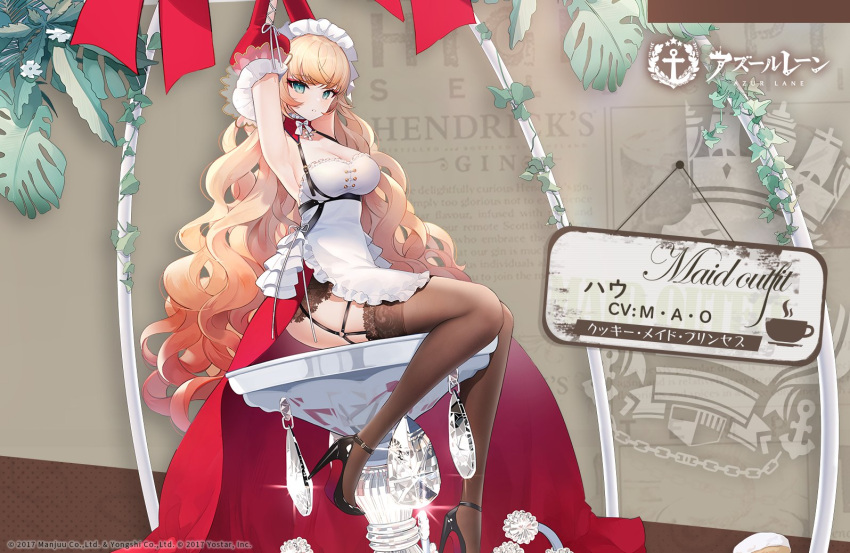 1girl armpits arms_up azur_lane black_footwear blonde_hair bound bound_wrists breasts brown_legwear commentary_request curly_hair elbow_gloves garter_straps gloves green_eyes high_heels howe_(azur_lane) jewelry large_breasts long_hair looking_at_viewer maid maid_headdress official_alternate_costume official_art promotional_art red_gloves restrained sitting snow_is thigh-highs