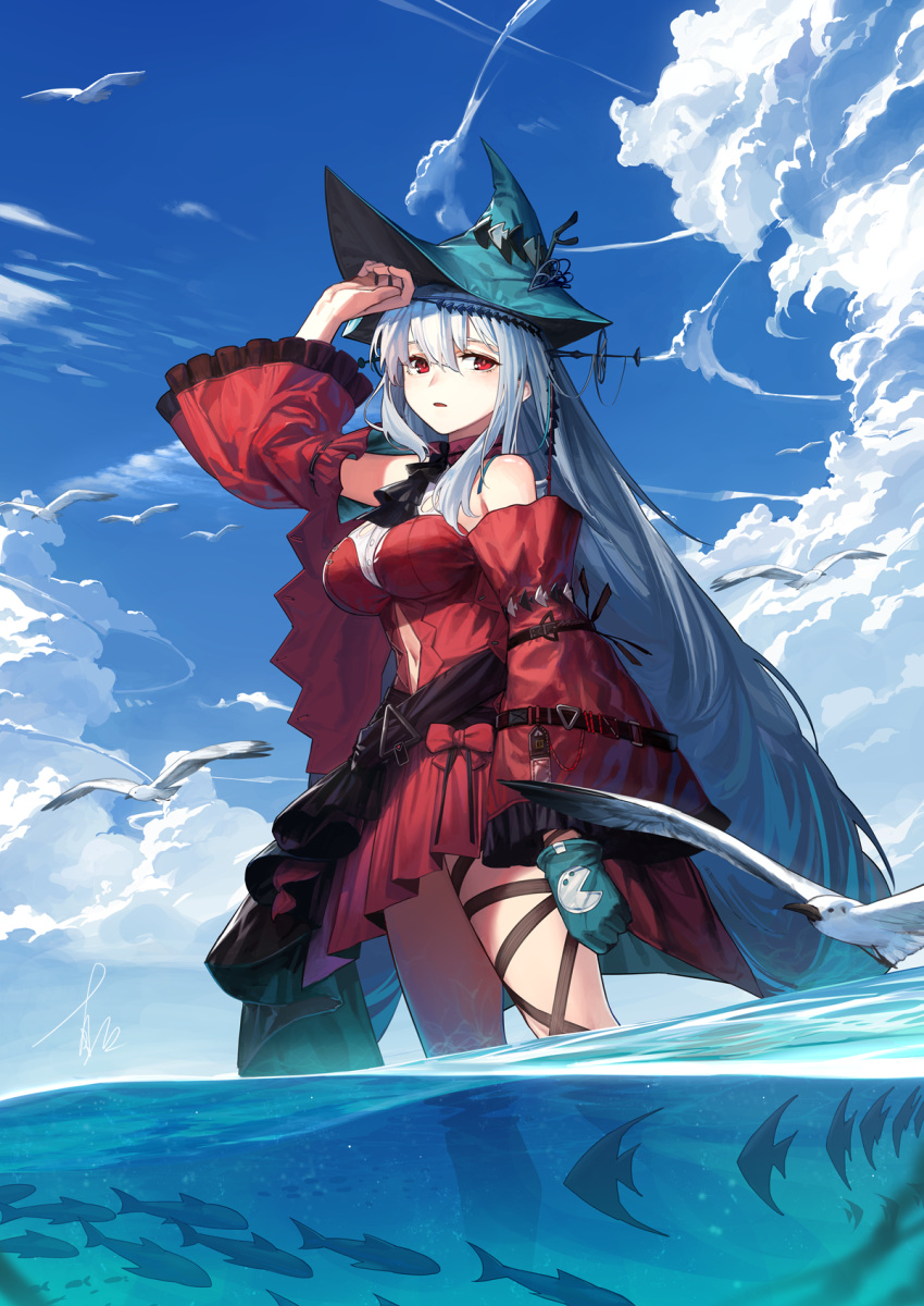 1girl arknights arm_up ascot bandaged_leg bandages bare_shoulders bird black_ascot blue_gloves blue_headwear blue_sky breasts clothing_cutout cumulonimbus_cloud day detached_sleeves dress fish frilled_sleeves frills gloves headgear highres large_breasts long_hair long_sleeves looking_at_viewer navel navel_cutout ocean open_mouth red_dress red_eyes seagull short_dress silver_hair skadi_(arknights) skadi_the_corrupting_heart_(arknights) sky solo standing very_long_hair wading water zhili_xingzou