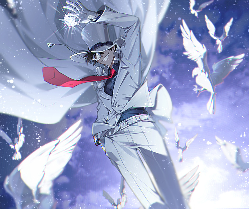 1boy arm_up belt bird blue_shirt blurry brown_hair buttons cape clouds collared_shirt commentary depth_of_field dove dress_shirt english_commentary feet_out_of_frame floating_cape formal gem gloves glowing grin hand_in_pocket hat hat_over_one_eye holding holding_gem jacket kaitou_kid kiki_(re_6xxx) long_sleeves magic_kaito male_focus meitantei_conan midair monocle monocle_chain necktie night night_sky outdoors pants red_necktie shirt shirt_tucked_in sky smile solo suit top_hat white_belt white_cape white_gloves white_headwear white_jacket white_pants white_suit