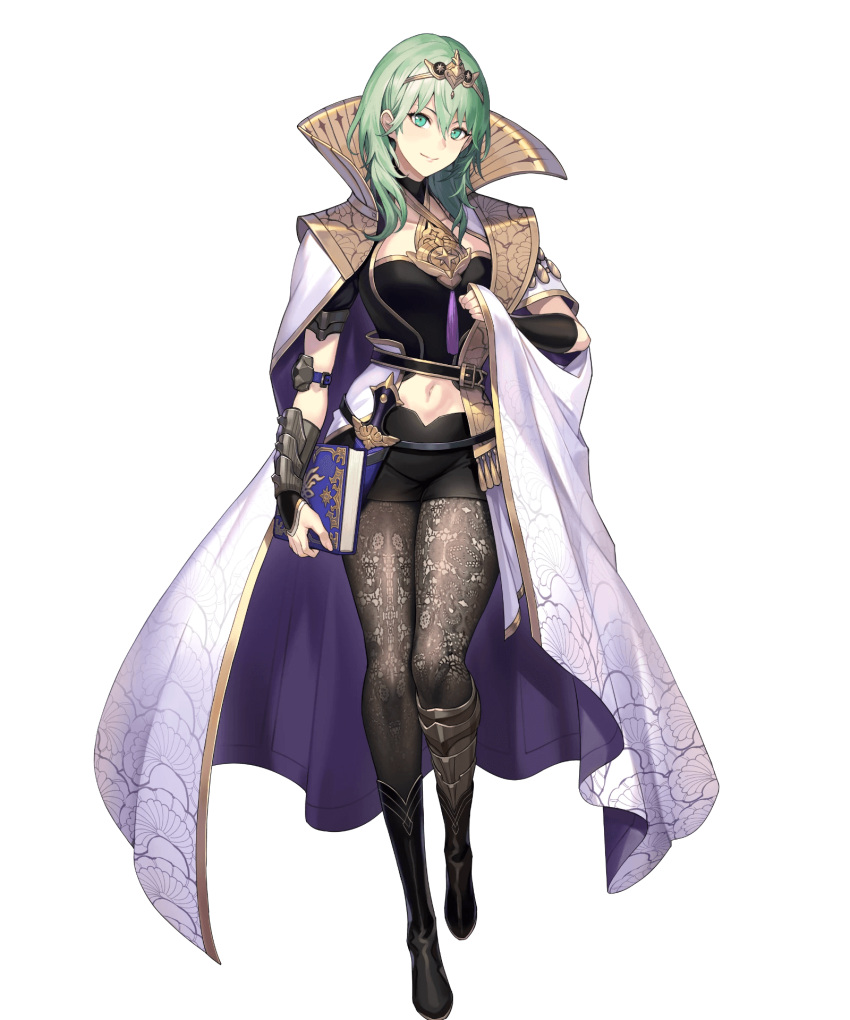 1girl arm_guards armor bangs belt black_footwear book boots byleth_(fire_emblem) byleth_eisner_(female) cape closed_mouth dagger fire_emblem fire_emblem:_three_houses fire_emblem_heroes full_body gold_trim green_eyes green_hair highres holding jewelry kakage knee_boots knife looking_at_viewer midriff navel official_art pantyhose shiny shiny_clothes short_hair short_sleeves shorts smile solo standing stomach tiara transparent_background weapon