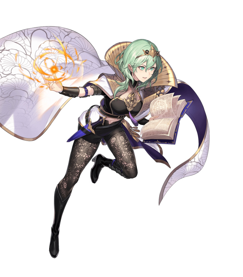 1girl arm_guards armor bangs belt black_footwear book boots byleth_(fire_emblem) byleth_eisner_(female) cape dagger fire_emblem fire_emblem:_three_houses fire_emblem_heroes full_body gold_trim green_eyes green_hair high_heel_boots high_heels highres holding holding_book jewelry kakage knee_boots knife leg_up midriff navel official_art open_book open_mouth pantyhose shiny shiny_clothes short_hair short_sleeves shorts smile solo stomach tiara transparent_background weapon