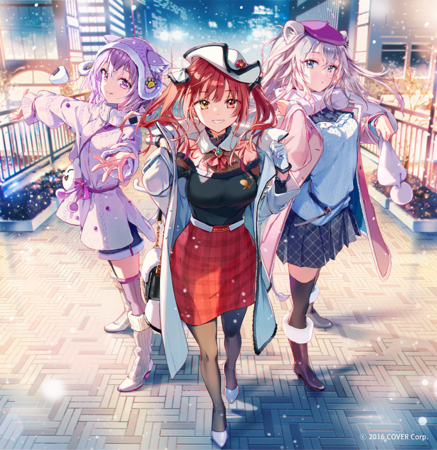 3girls :q alternate_costume animal_ears beret black_legwear black_skirt blue_eyes boots brown_footwear commentary_request gloves hat heterochromia hololive houshou_marine lion_ears lion_girl long_hair looking_at_viewer multiple_girls nekomata_okayu outdoors outstretched_arms pantyhose purple_hair purple_headwear red_eyes red_skirt redhead shishiro_botan short_hair skirt smile standing tiv tongue tongue_out twintails violet_eyes virtual_youtuber white_footwear white_gloves white_hair white_headwear