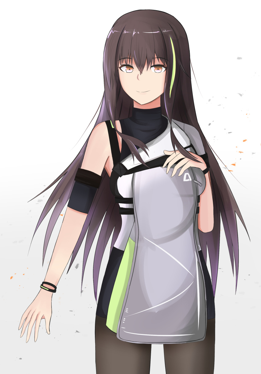 1girl absurdres black_gloves black_shorts breasts brown_eyes brown_hair closed_mouth eyebrows_visible_through_hair feet_out_of_frame girls_frontline gloves green_shirt grey_background hand_on_back hand_on_breast highres long_hair looking_at_viewer m4a1_(girls_frontline) medium_breasts multicolored_hair navel open_clothes open_shorts shirt shorts softwhitemink solo