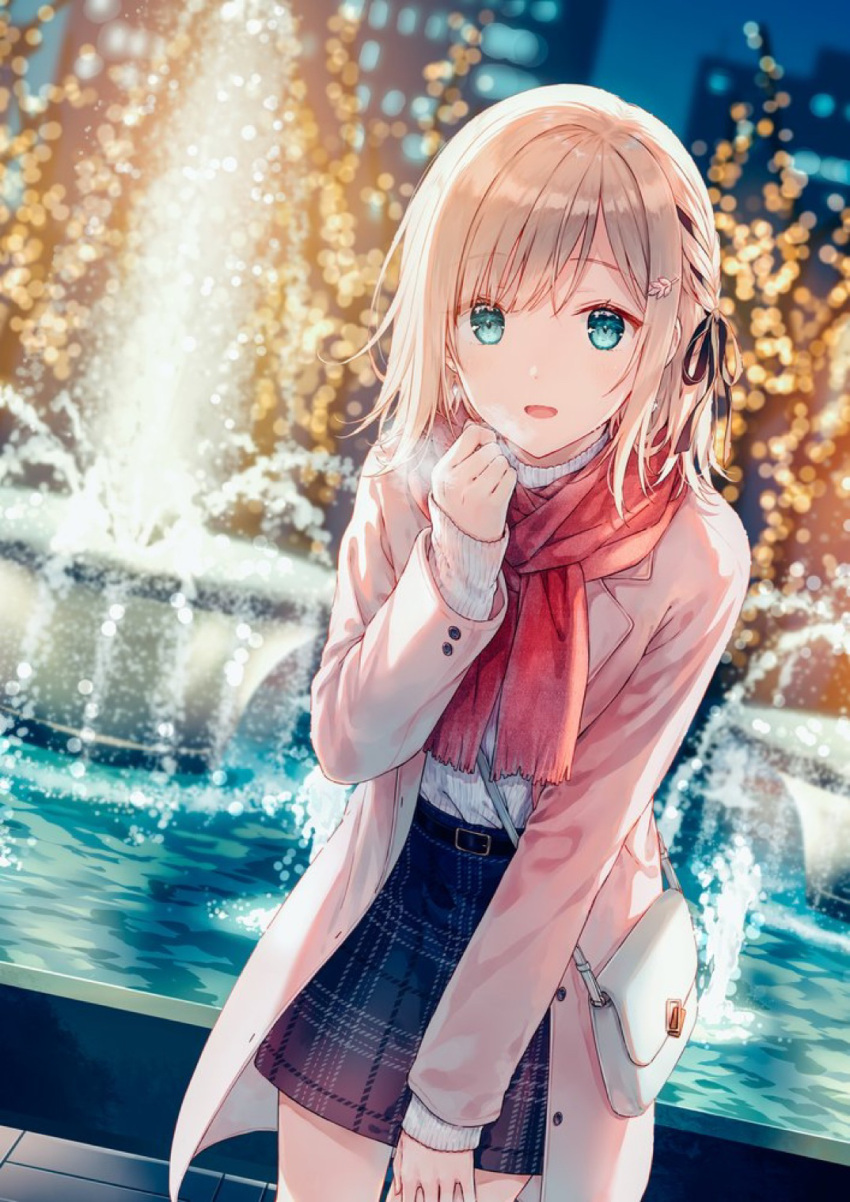 1girl :d bag black_ribbon blue_skirt blurry blurry_background braid breath brown_hair building coat commentary_request depth_of_field fountain green_eyes hair_ribbon hand_up highres hiten_(hitenkei) long_sleeves looking_at_viewer night open_clothes open_coat original outdoors pink_coat ribbon shirt shoulder_bag skirt skyscraper sleeves_past_wrists smile solo water white_shirt
