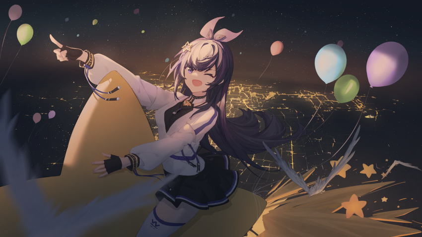 1girl animal_ears balloon breasts fingerless_gloves flying gloves highres jacket lantian_lanz large_breasts looking_at_viewer night one_eye_closed open_mouth purple_hair skirt smile solo star_(symbol) thigh-highs thighs violet_eyes zettai_ryouiki