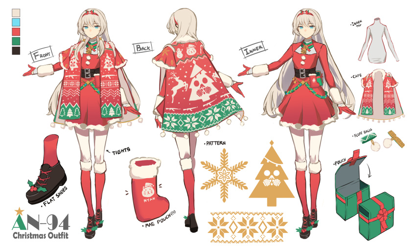 1girl alternate_costume an-94_(girls'_frontline) bangs bell belt belt_buckle black_belt blue_eyes bow box brown_footwear buckle bullet cape christmas christmas_dress christmas_ornaments christmas_stocking closed_mouth defy_(girls'_frontline) dress expressionless eyebrows_visible_through_hair full_body fur-trimmed_cape fur_trim gift gift_box girls_frontline gloves hair_bow hair_ornament hairband hairclip highres light_blue_eyes long_hair long_sleeves looking_at_viewer magazine_(weapon) merry_christmas neck_bell niac parted_lips platinum_blonde_hair red_cape red_dress red_gloves red_hairband red_legwear shoes sidelocks socks solo standing thigh-highs very_long_hair white_background