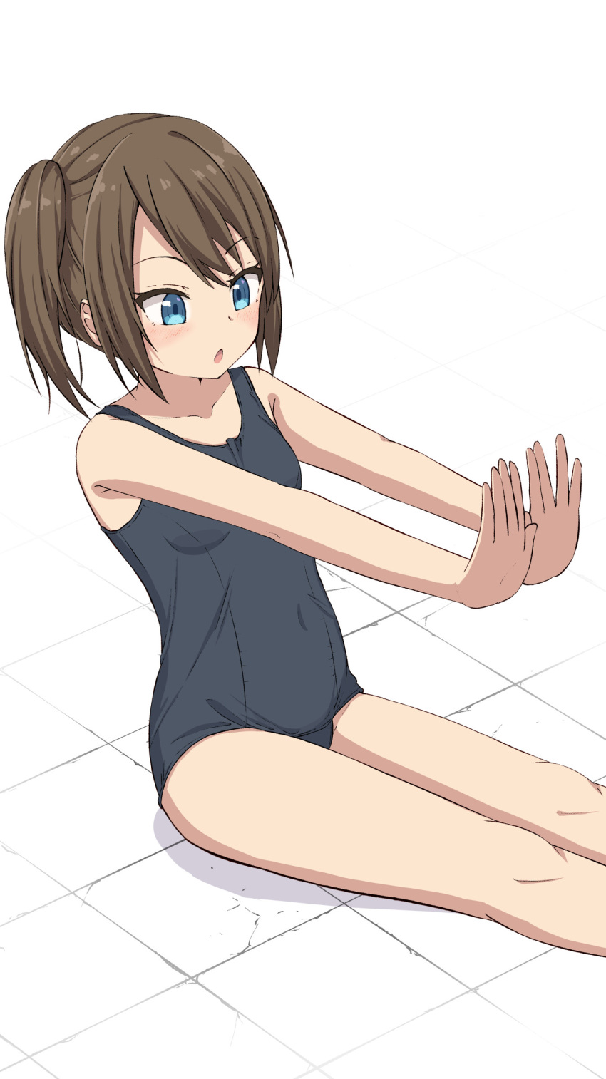 1girl absurdres bangs bare_arms bare_shoulders black_swimsuit blue_eyes blush breasts brown_hair commentary_request covered_navel eyebrows_visible_through_hair feet_out_of_frame highres hippo_(hirople) looking_away old_school_swimsuit original outstretched_arms parted_lips school_swimsuit side_ponytail sitting small_breasts solo swimsuit white_background