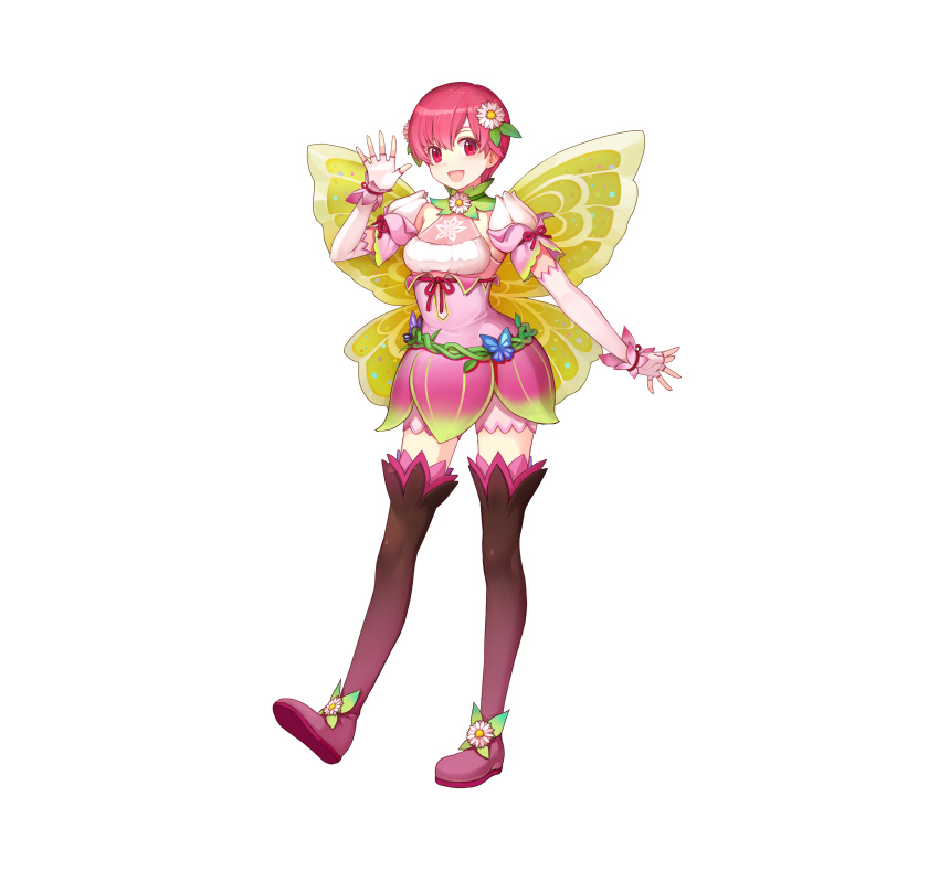 1girl absurdres alternate_costume bangs belt boots breasts commentary_request detached_collar dress elbow_gloves est_(fire_emblem) fairy_wings fire_emblem fire_emblem:_mystery_of_the_emblem fire_emblem_heroes gloves gradient gradient_clothes hair_ornament hand_up headband highres konfuzikokon looking_at_viewer official_art open_mouth pink_dress pink_eyes pink_hair shiny shiny_hair short_dress short_hair simple_background sleeveless small_breasts smile solo standing thigh-highs thigh_boots wings zettai_ryouiki