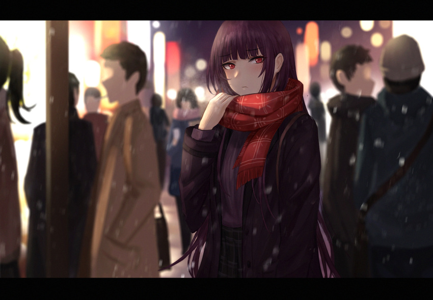 1girl bangs blush city_lights frown girls_frontline highres long_hair looking_away night purple_hair red_eyes road scarf selcky sky solo standing street wa2000_(girls'_frontline) winter winter_clothes