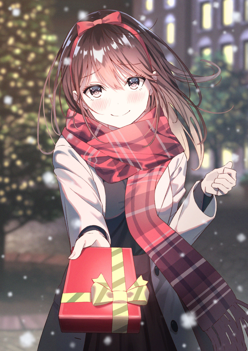 1girl blush brown_hair gift hairband highres holding koh_rd long_hair looking_at_viewer night original pov scarf smile snow solo standing tree winter winter_clothes