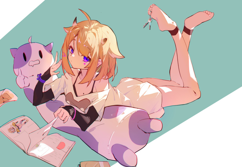 1girl absurdres animal_ears ass barefoot blonde_hair book closed_mouth cowlick feet heart highres horns key looking_at_viewer lying mmj on_stomach original simple_background solo violet_eyes