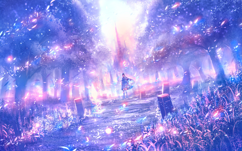 1girl ahoge black_hair blurry boots building capelet colorful depth_of_field dress dutch_angle fantasy grass highres light_particles long_hair looking_at_viewer original outdoors path purple sakimori_(hououbds) scenery solo thigh-highs tree wind