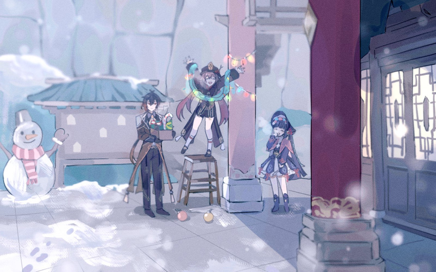 1boy 2girls arms_up bangs black_hair black_headwear boots box brown_hair building christmas christmas_lights christmas_ornaments closed_eyes closed_mouth coat day dress flower footprints genshin_impact gyoju_(only_arme_nim) hair_between_eyes hat hat_flower highres holding holding_box hu_tao_(genshin_impact) kneehighs ladder long_hair long_sleeves low_twintails multicolored_hair multiple_girls open_mouth outdoors pants ponytail snow snowing snowman standing stepladder stool symbol-only_commentary twintails very_long_hair white_legwear yunjin_(genshin_impact) zhongli_(genshin_impact)