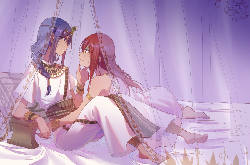 2girls alternate_hairstyle anklet arm_rest barefoot bed blue_hair bracelet braid earrings egyptian_clothes eye_contact eyeshadow feet grabbing_another's_chin hand_on_another's_chin highres jewelry long_hair looking_at_another love_live! love_live!_sunshine!! makeup matsuura_kanan multiple_girls redhead sakurauchi_riko side_braid smile toes veil violet_eyes walluku yellow_eyes yuri