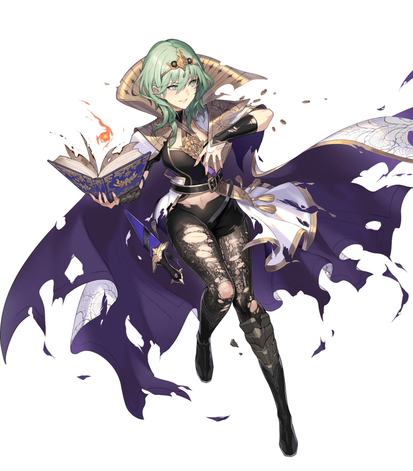 1girl arm_guards armor bangs belt black_footwear book boots byleth_(fire_emblem) byleth_eisner_(female) cape dagger fire_emblem fire_emblem:_three_houses fire_emblem_heroes full_body gold_trim green_eyes green_hair highres holding holding_book jewelry kakage knee_boots knife looking_away midriff navel official_art pantyhose parted_lips shiny shiny_clothes shiny_hair short_hair short_sleeves shorts solo stomach tiara torn_cape torn_clothes torn_legwear transparent_background weapon