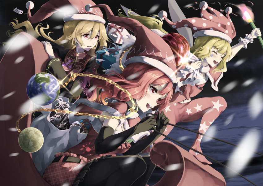 3girls alternate_costume arm_up bangs bare_shoulders belt black_choker black_gloves black_legwear blonde_hair blush box breasts capelet chain chinese_clothes choker closed_eyes clownpiece earth_(ornament) elbow_gloves english_commentary english_text eyelashes fairy_wings fire frills fur-trimmed_capelet fur_trim gift gift_box gloves gold_chain happy hat hecatia_lapislazuli highres holding holding_sack holding_torch jester_cap junko_(touhou) long_hair long_sleeves looking_to_the_side medium_breasts medium_hair merry_christmas moon_(ornament) multiple_girls neck_ruff open_mouth otomeza_ryuseigun pantyhose plaid plaid_skirt polka_dot red_capelet red_eyes red_headwear red_skirt redhead reins sack santa_hat skirt sleigh star_(symbol) star_print tabard teeth torch torn_sack touhou wide_sleeves wings wrist_cuffs