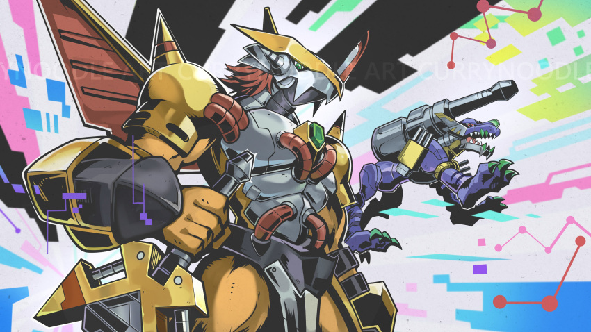 absurdres armor artist_name cannon closed_mouth cowboy_shot digimon digimon_(creature) digimon_adventure green_eyes highres holding holding_sword holding_weapon mecha metalgarurumon mixed-language_commentary no_humans open_mouth red_eyes redhead sharp_teeth sword teeth wargreymon weapon yeo_yee_heng