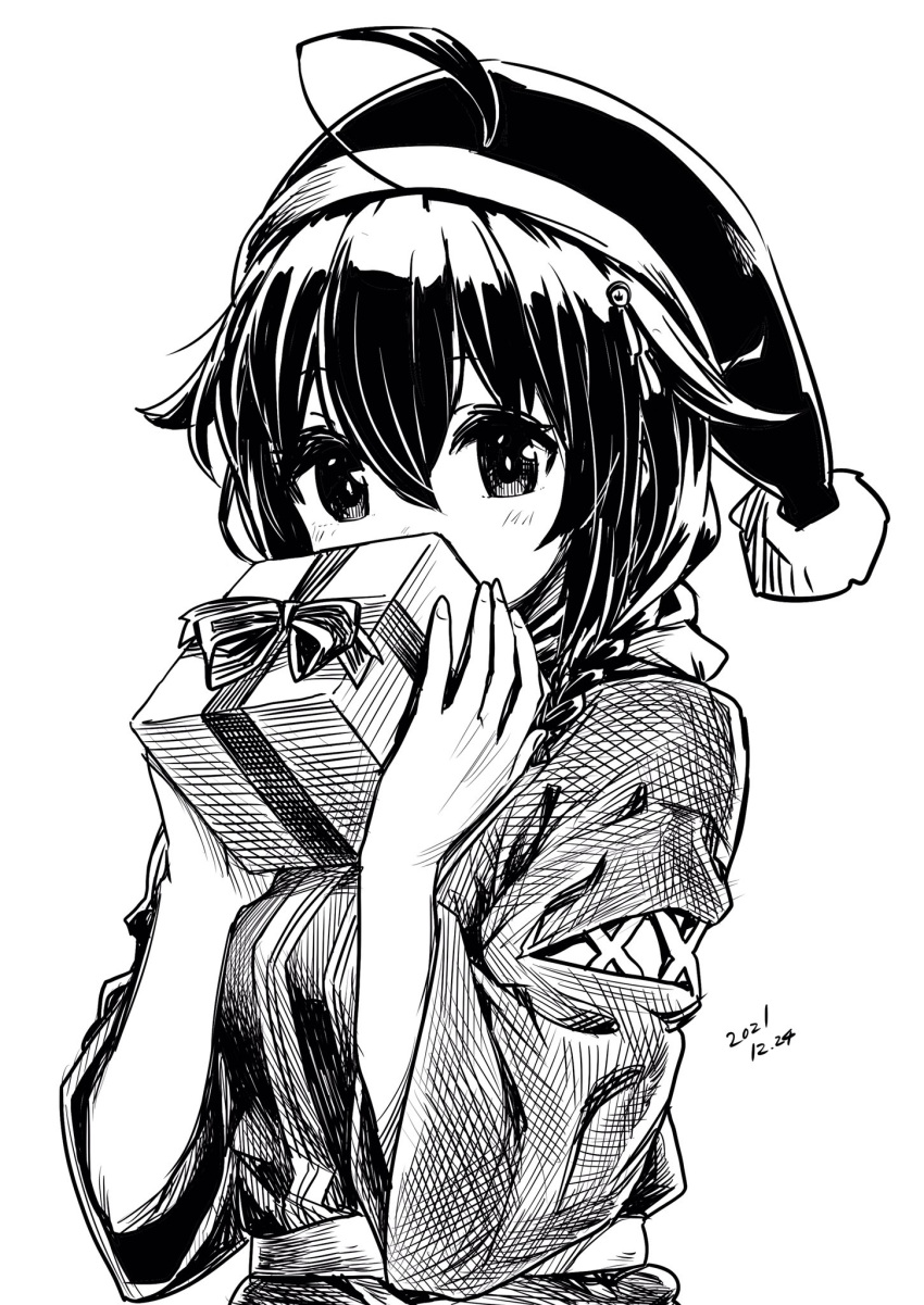 1girl alternate_costume box dated gift gouta_(nagishiro6624) hair_flaps hat highres kantai_collection long_hair monochrome remodel_(kantai_collection) santa_hat shigure_(kancolle) simple_background solo upper_body