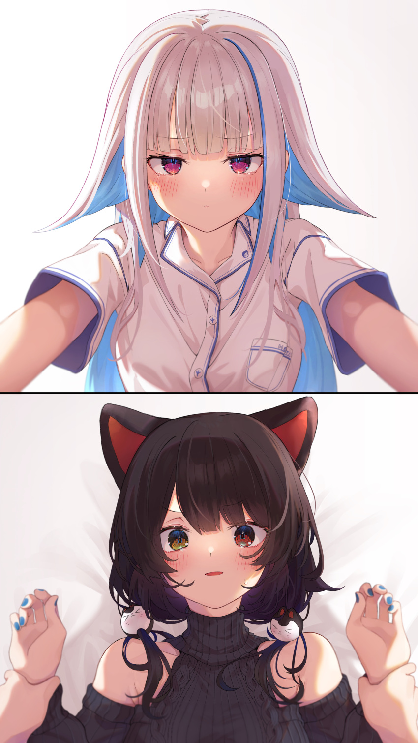2girls absurdres animal_ears bangs black_sweater blue_hair blue_nails blunt_bangs blush brown_hair closed_mouth collared_shirt colored_inner_hair commentary_request dog_ears dog_hair_ornament eyebrows_visible_through_hair girl_on_top hair_ornament heterochromia highres holding_another's_wrist inui_toko lize_helesta long_hair long_sleeves looking_at_another looking_at_viewer lying multicolored_hair multiple_girls nenehotoso nijisanji on_back parted_lips red_eyes ribbed_sweater shirt short_sleeves silver_hair sweater thigh-highs turtleneck turtleneck_sweater two-tone_hair upper_body violet_eyes virtual_youtuber white_background white_shirt yellow_eyes yuri