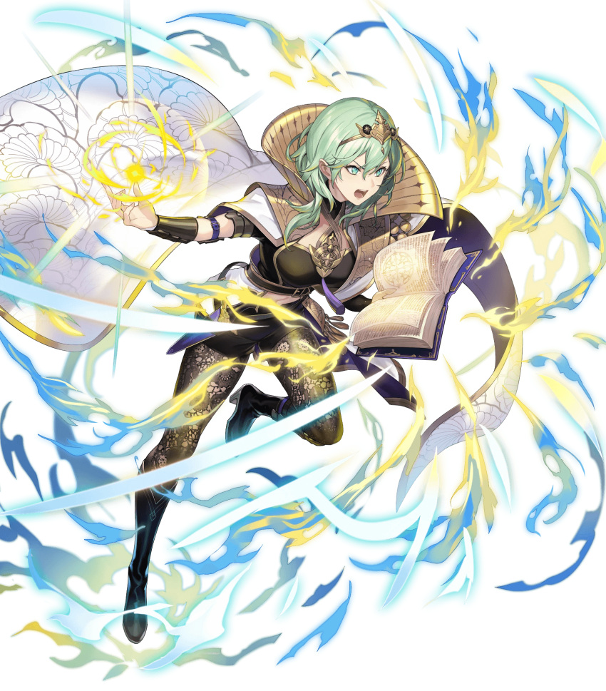1girl arm_guards armor bangs belt black_footwear book boots byleth_(fire_emblem) byleth_eisner_(female) cape dagger fire_emblem fire_emblem:_three_houses fire_emblem_heroes full_body gold_trim green_eyes green_hair high_heel_boots high_heels highres holding holding_book jewelry kakage knee_boots knife leg_up magic midriff navel official_art open_book open_mouth pantyhose shiny shiny_clothes shiny_hair short_hair short_sleeves shorts solo stomach tiara transparent_background weapon