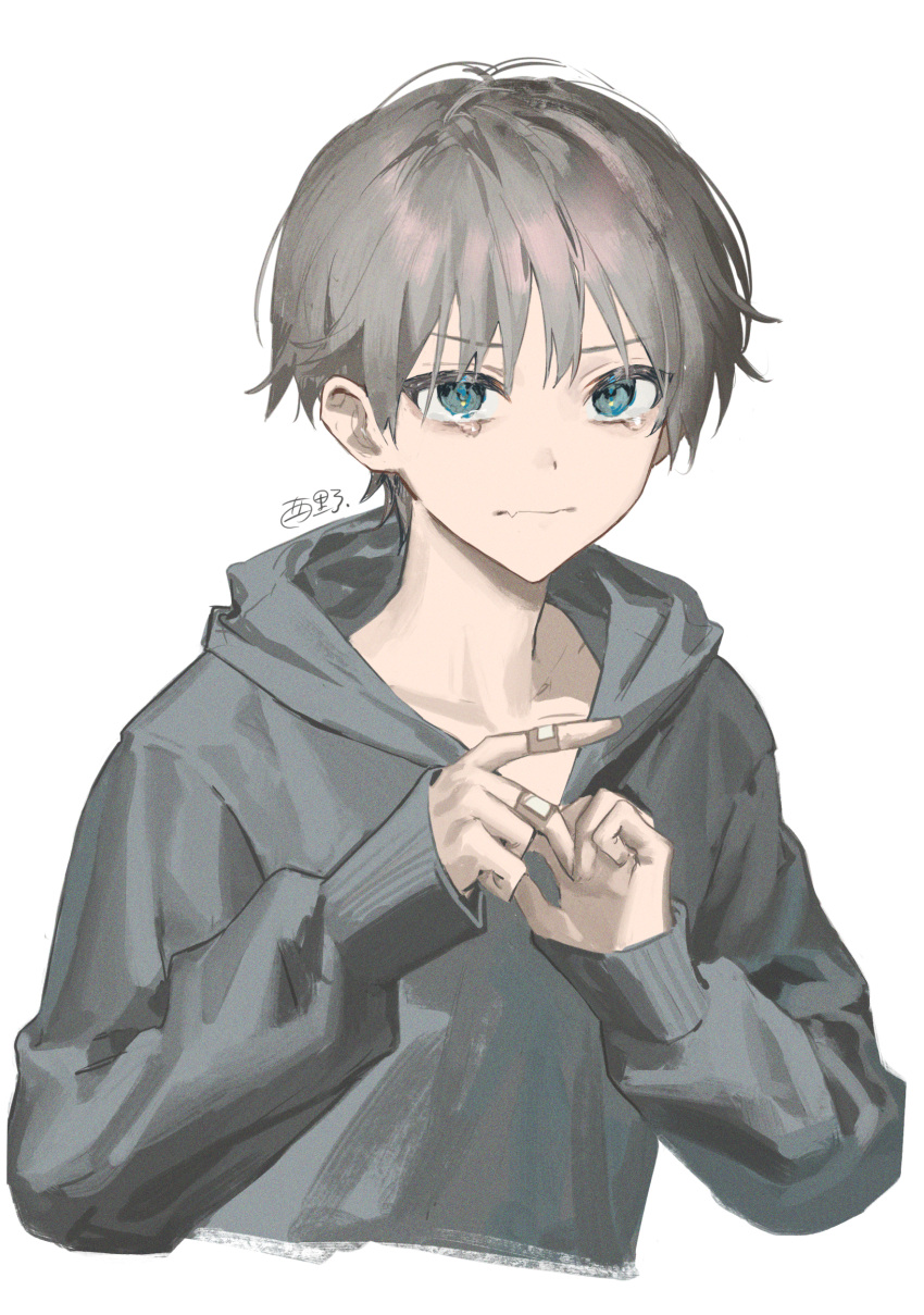1boy absurdres bandaid bandaid_on_hand blue_eyes closed_mouth collarbone commentary_request grey_hair grey_hoodie highres hood hood_down hoodie long_sleeves looking_at_viewer male_focus original short_hair signature simple_background sleeves_past_wrists solo tearing_up tears torino_kawazu upper_body white_background