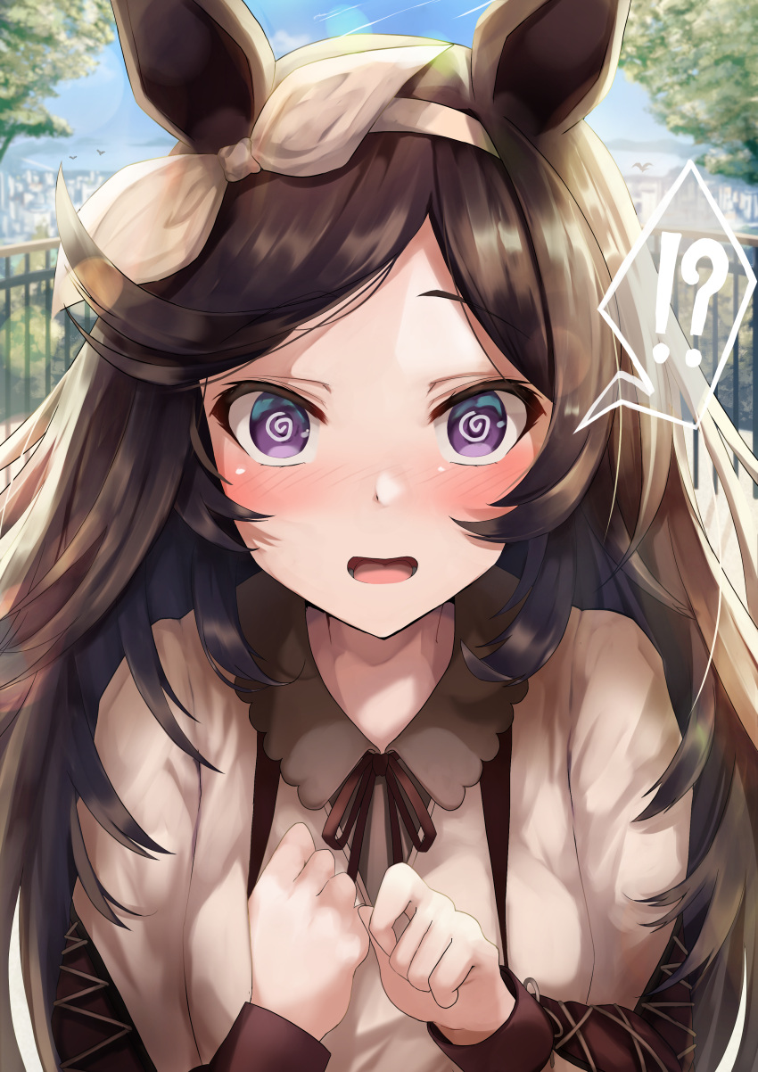 ! 1girl :d ? @_@ absurdres animal_ears bangs black_hair blush bow casual clutching_chest commentary_request forehead hairband hand_on_own_chest highres horse_ears horse_girl lens_flare long_hair long_sleeves looking_at_viewer neck_ribbon railing raised_eyebrows ribbon rice_shower_(umamusume) shimofuji_jun shirt smile solo spoken_exclamation_mark spoken_question_mark sunlight umamusume upper_body violet_eyes white_bow white_shirt