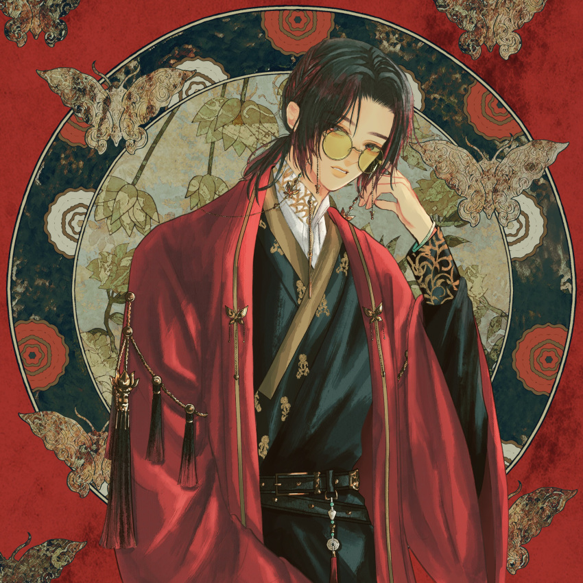 1boy absurdres bug butterfly cape chinese_clothes collared_shirt dim-moon floral_print glasses hanfu highres jade_(gemstone) long_sleeves looking_at_viewer low_ponytail male_focus original red_cape shirt solo tassel upper_body