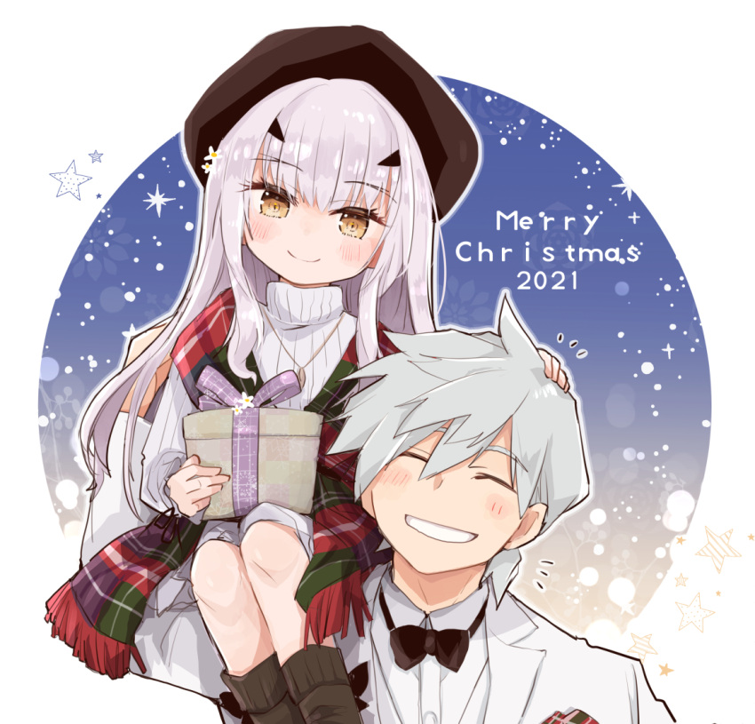 1boy 1girl beret bow bowtie brown_eyes carrying christmas_present closed_eyes fairy_knight_lancelot_(fate) fate/grand_order fate_(series) forked_eyebrows formal gift grin hat jewelry long_hair merry_christmas pendant percival_(fate) ribbed_sweater scarf shio_kuzumochi shoulder_carry silver_hair smile suit sweater white_hair