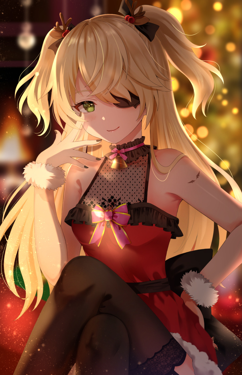 1girl arm_up bangs bell black_choker black_legwear blonde_hair blurry blurry_background breasts choker christmas christmas_tree crossed_legs dress eyepatch fischl_(genshin_impact) fishnets genshin_impact green_eyes hair_between_eyes hair_ornament hair_over_one_eye hand_on_hip highres long_hair looking_at_viewer nasii neck_bell pink_ribbon red_dress ribbon sitting small_breasts smile thigh-highs twintails