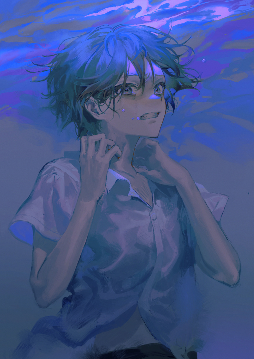 1boy absurdres air_bubble asphyxiation black_hair blue_eyes bubble clenched_teeth commentary_request drowning highres male_focus original parted_lips shirt short_hair short_sleeves solo submerged teeth torino_kawazu underwater upper_body white_shirt