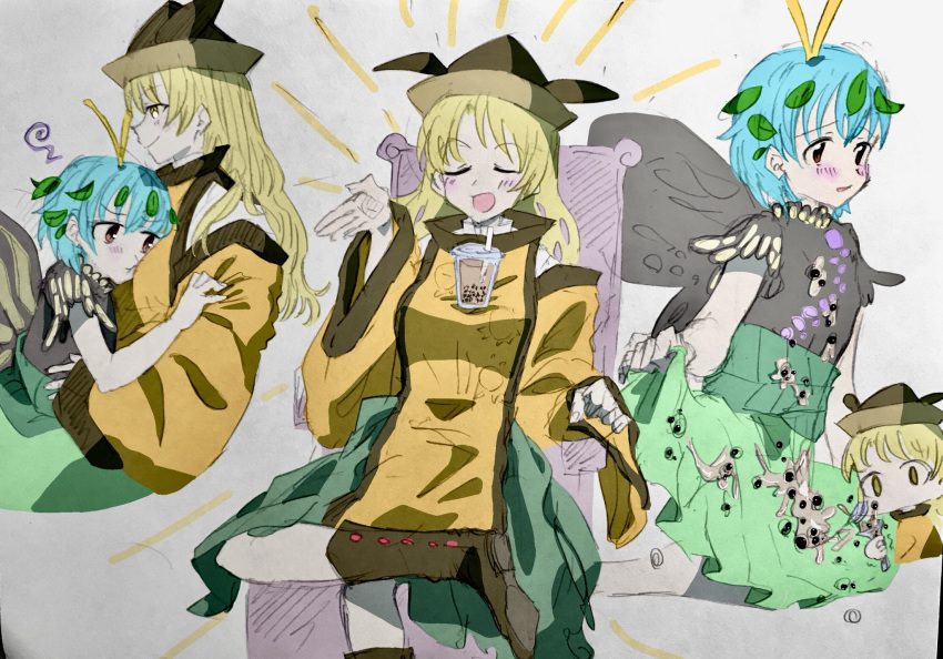 2girls antennae aqua_hair bad_id bad_pixiv_id black_footwear black_headwear blonde_hair blush boots brown_eyes bubble_tea bubble_tea_challenge butterfly_wings closed_eyes downscaled dress drinking_straw eternity_larva fairy green_dress green_skirt hat highres knee_boots leaf leaf_on_head long_hair matara_okina multicolored_clothes multicolored_dress multiple_girls multiple_views okome56565 open_mouth orange_sleeves pout resized short_hair short_sleeves sitting skirt smile tabard third-party_source touhou traditional_media wide_sleeves wings yellow_eyes