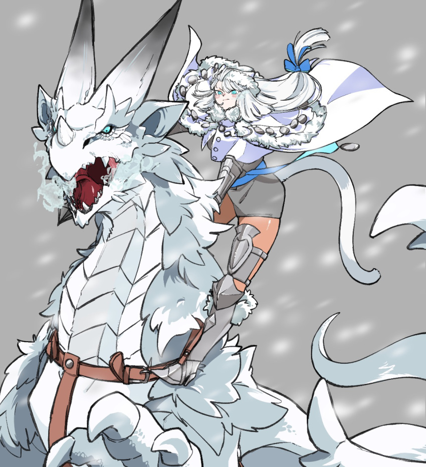 1girl blizzard blue_eyes cape dobrynya_nikitich_(fate) dragon fate/grand_order fate_(series) fur-trimmed_headwear grey_background highres metal_boots ramune_gohan riding snow tail white_hair