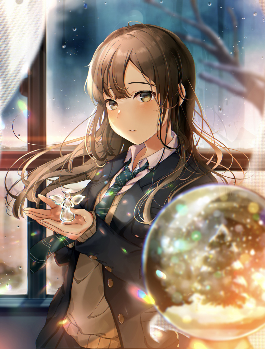 1girl ahoge bangs black_jacket blunt_bangs brown_hair christmas commentary_request green_neckwear highres hisao_0111 holding jacket looking_at_viewer medium_hair necktie original ornament parted_lips school_uniform shirt snow_globe solo sweater upper_body white_shirt window winter
